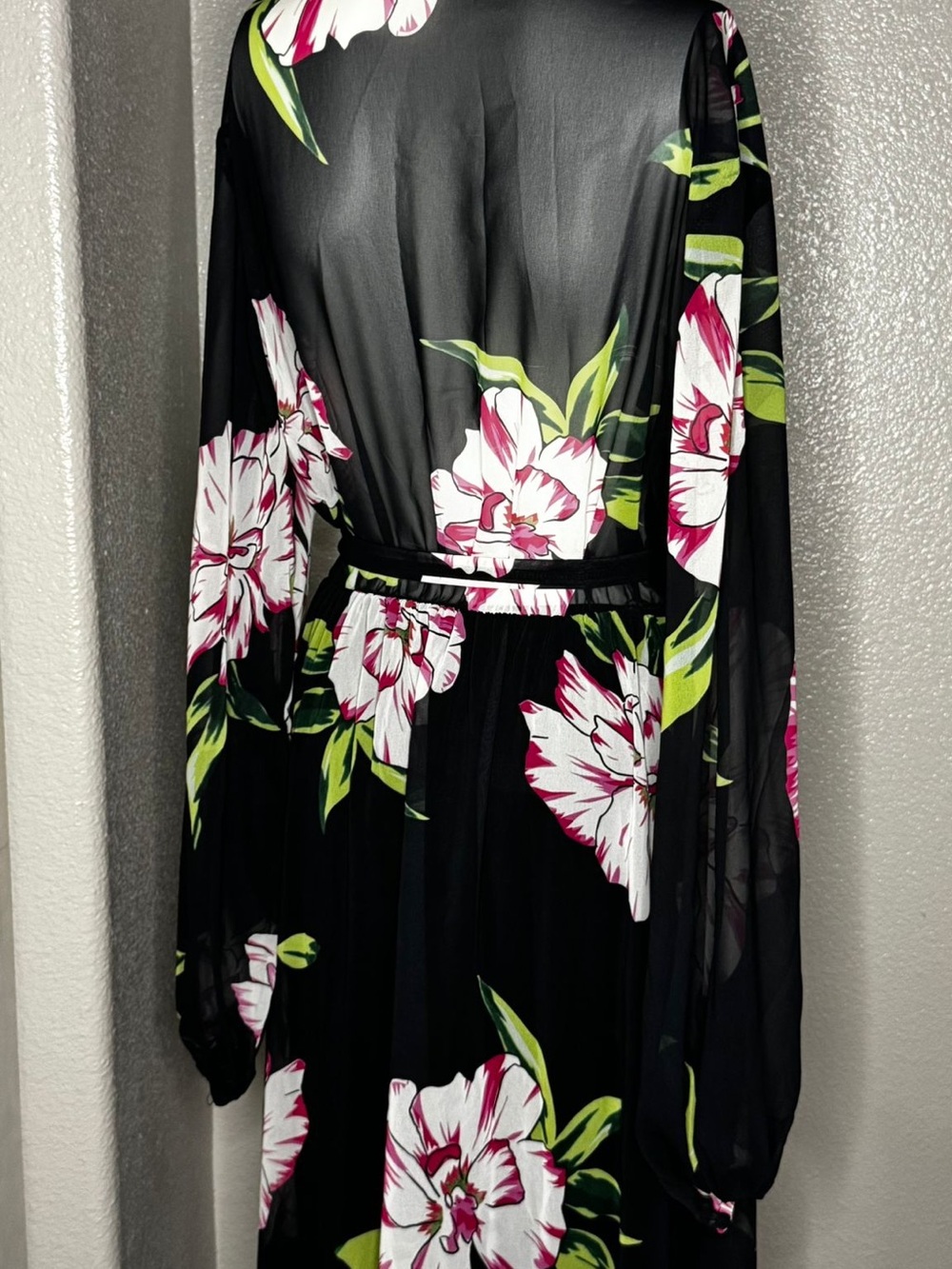 Black Floral Long Sleeve Wrap Dress with Pink & Green Blooms